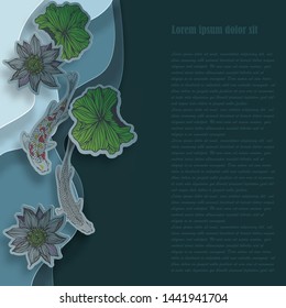  Vector illustration in paper cut style. koi fish, water pond with lotus background.