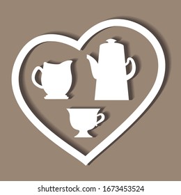 Vector illustration in paper cut style. Elegant white coffee cup, pot and milk jug in a heart shaped frame throwing brown shadows on beige background. Logo or poster for roasters, restaurants, cafes.