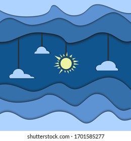 Vector illustration in paper cut style with sun and clouds. Illustration in blue colors.