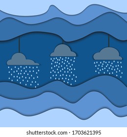 Vector illustration in paper cut style with clouds and rain. Illustration on blue colors.