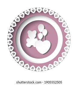 Vector illustration. Paper cut style. Teddy bear with balloons and heart.