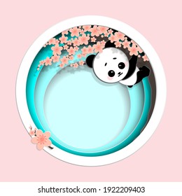 Vector illustration. Paper cut style. Panda and sakura.