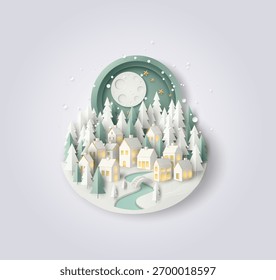 Vector illustration of a paper cut winter village scene with glowing houses pine forest curved river and full moon in a snowy christmas night background 