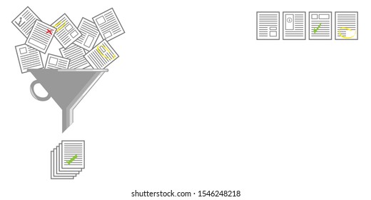 vector illustration of paper documents and filter for data arranging and organizing