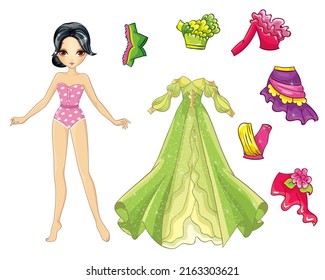 Vector illustration of paper doll beautiful puffy green dress and set of skirts and blouses