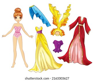 Vector illustration of paper doll with beautiful oriental dresses in red and yellow