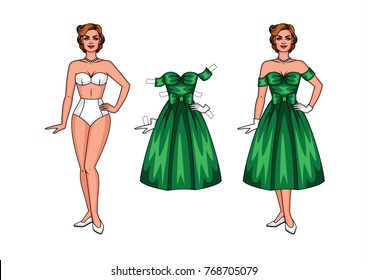 Vector illustration of a paper doll in a beautiful dress for a party. Beauty in the style of 40-50's in underwear isolated from background