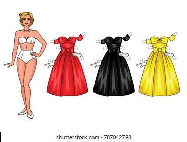 Vector illustration of a paper doll with  beautiful dresses for a party. Pretty woman in the style of 40-50's in underwear isolated from background
