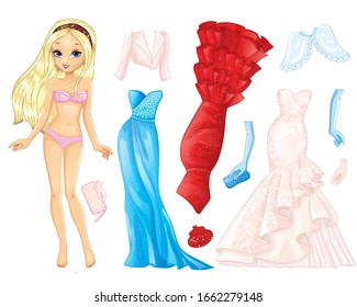 Vector illustration of paper doll 
with bright wedding dresses