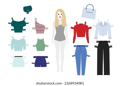 Vector illustration of paper doll with clothes. For play and creativity. Cut out clothes and a doll, dress up and play.