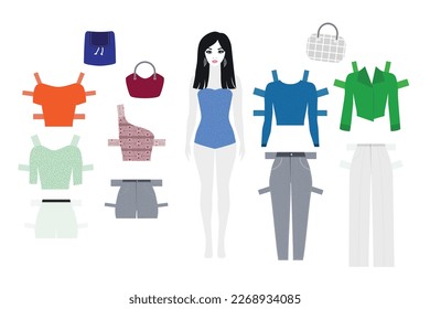 Vector illustration of paper doll with clothes. For play and creativity. Cut out clothes and a doll, dress up and play.