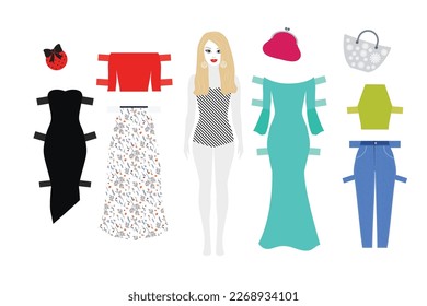 Vector illustration of paper doll with clothes. For play and creativity. Cut out clothes and a doll, dress up and play.