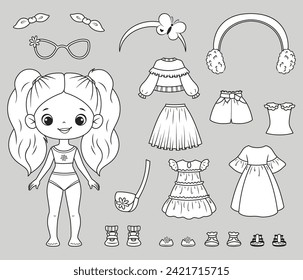 Ilustración vectorial de la muñeca de papel con ropa para página de color