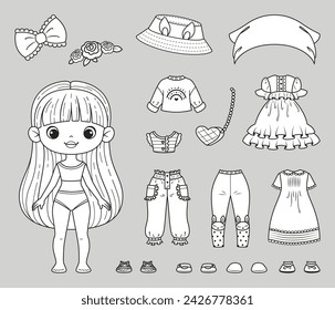 Ilustración vectorial de muñeca de papel con ropa para colorear página