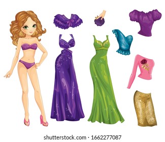 Vector illustration of paper doll with glamorous party dresses