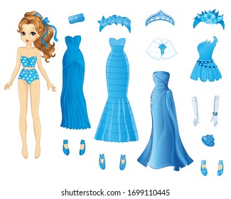 Vector illustration of paper doll ice princess with set of blue clothes