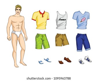 Vector illustration of paper doll man with set of stylish summer clothes and shoes. Handsome guy with trendy outfit