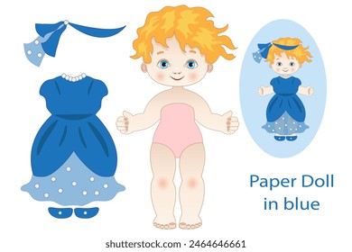 Vector illustration of a paper doll for playing with a blue dress to cut out and wear