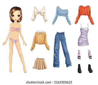 Vector illustration of paper doll with set of stylish youthful modern clothes