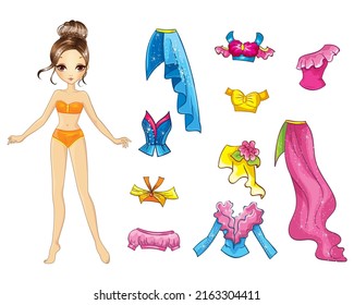 Vector illustration of paper doll with set of bright summer party outfits