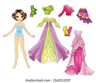 Ilustración vectorial de la muñeca de papel con un conjunto de hermosos vestidos mágicos y blusas