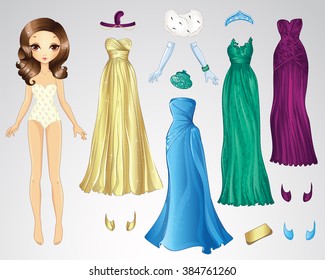 Ilustración vectorial de la muñeca de papel y el conjunto de vestidos nocturnos