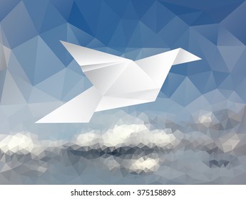 vector illustration with paper dove on paper sky, low poly

