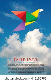 vector illustration with paper dove on paper sky, low poly

