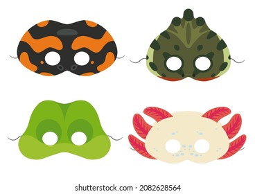 Vector illustration of paper face mask set of cute Amphibians: Frog, Axolotl, Salamander, Triton. Collection of animal masks for children.