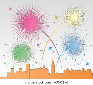 vector illustration of paper fireworks over a city