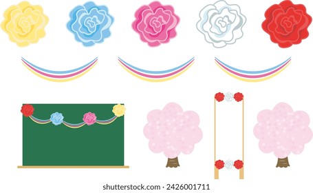 Vector illustration of paper flowers, decorations and a cherry blossom tree made from Ohana paper.