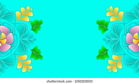 Vector illustration with paper flowers and petals. Flower 3d background, aspect ratio 16: 9. Design of greeting card, invitation, banner, website, screensaver, wallpaper. The paper is cut out.