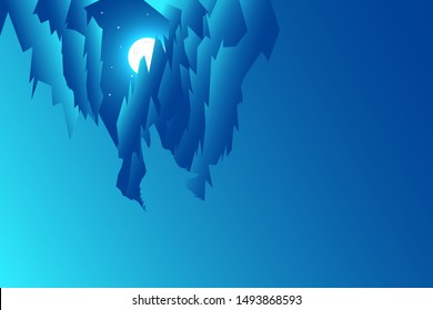 Vector illustration. A paper gradient cave with a silhouette of a wolf's head howling for a full moon at night. Web page template.