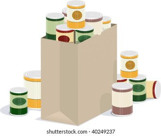 a vector illustration of a paper grocery bag overflowing with canned goods