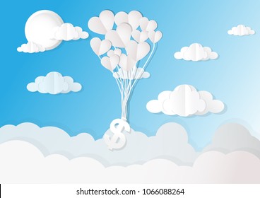 Vector illustration paper heart balloon with money in the sky
