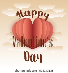 Vector illustration. Paper heart origami in the clouds and the words Happy Valentine Day. Valentine's Day card.