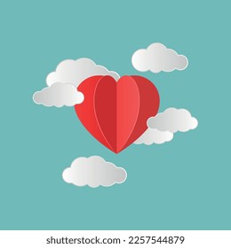 Vector illustration of paper hearts, paper clouds, Valentine's Day, red and white hearts, 3D effect.