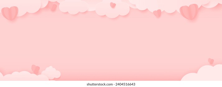 Ilustración vectorial de corazones y nubes de papel, fondo rosado del Día de San Valentín.