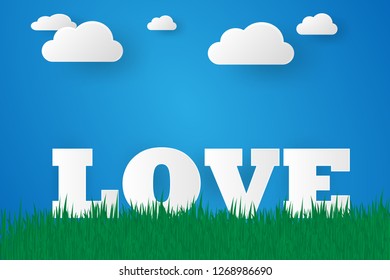 Vector illustration paper  of love for valentine day ,  paper art and digital craft style on blue background