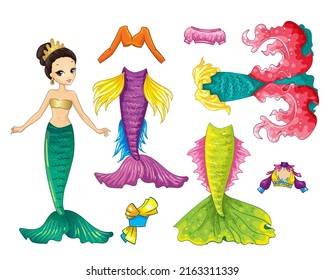 Vector illustration of paper mermaid doll with set of beautiful tails and blouses