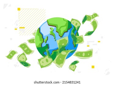 Ilustración vectorial del dinero de papel que vuela por el planeta Tierra, y circulación de dinero en el mundo