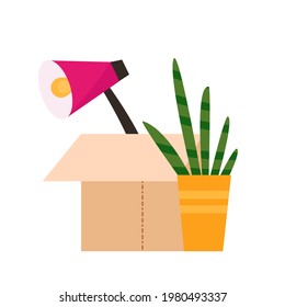 Vector illustration of paper moving box, lamp and home plant