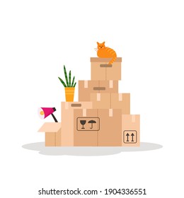 Ilustración vectorial con cajas móviles de papel aisladas en fondo blanco. 