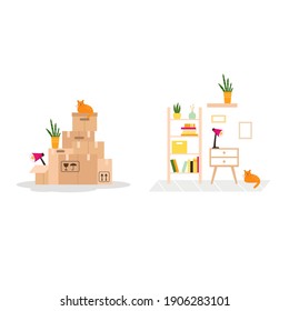 Vector illustration with paper moving boxes and unpacked things in a new place. Illustration of moving day isolated on white background.