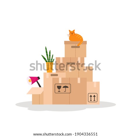 Vector illustration with paper moving boxes isolated on white background. 