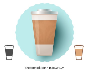 Vector illustration of a paper mug with coffee. Hot drink from fast food. Template for paper coffee mug.