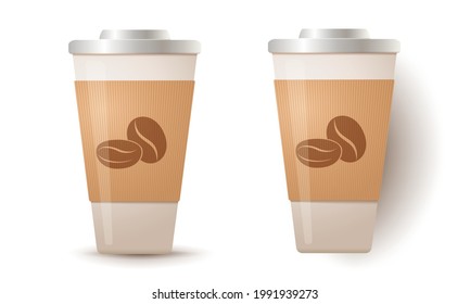 Vector illustration of a paper mug with coffee. Hot drink from fast food. Template for paper coffee mug.