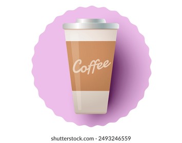 Vector illustration of a paper mug with coffee. Hot drink from fast food. Template for paper coffee mug.