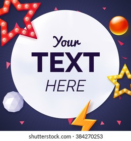 Vector illustration of paper on colorful background with bright objects. Write your text here