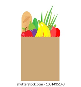 Vector illustration of paper package with fresh healthy produce. Organic products from the farm. Vegetables,fruits, salads and green in bag